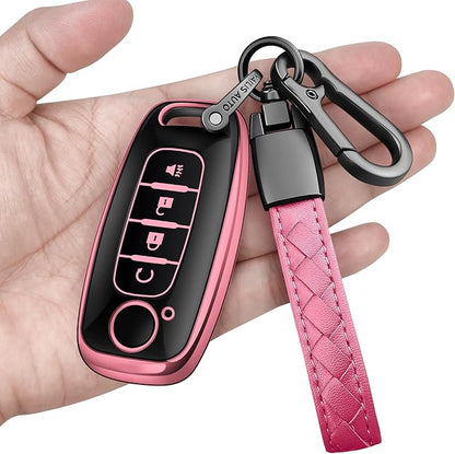 Sindeda for Nissan Key Fob Cover with Keychain Soft Full Protection Key Shell Key Case Compatible with 2023 2024 2025 Pathfinder Kicks Rouge(Pink, 4 Buttons-A)