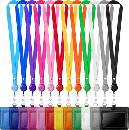 12 Pack ID Badge Holders with Retractable Lanyards Colorful Retractable Lanyards with Horizontal Leather ID Badges for Office, School, Travel