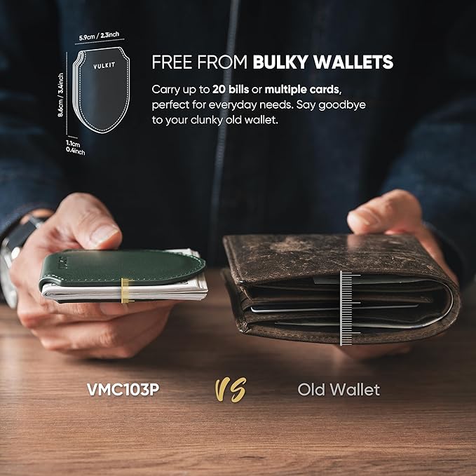 VULKIT Luxury Money Clip Genuine Leather Magnetic Closure Streamline Design Money Clip Wallet, Holds Up to 20 Bills