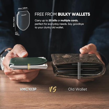 VULKIT Luxury Money Clip Genuine Leather Magnetic Closure Streamline Design Money Clip Wallet, Holds Up to 20 Bills