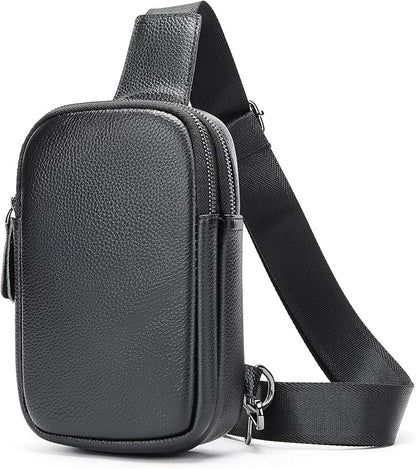 Small Sling Bag Leather Crossbody Bags Mini Fanny Pack for Women Men Travel Cross Body Shoulder Purse Black