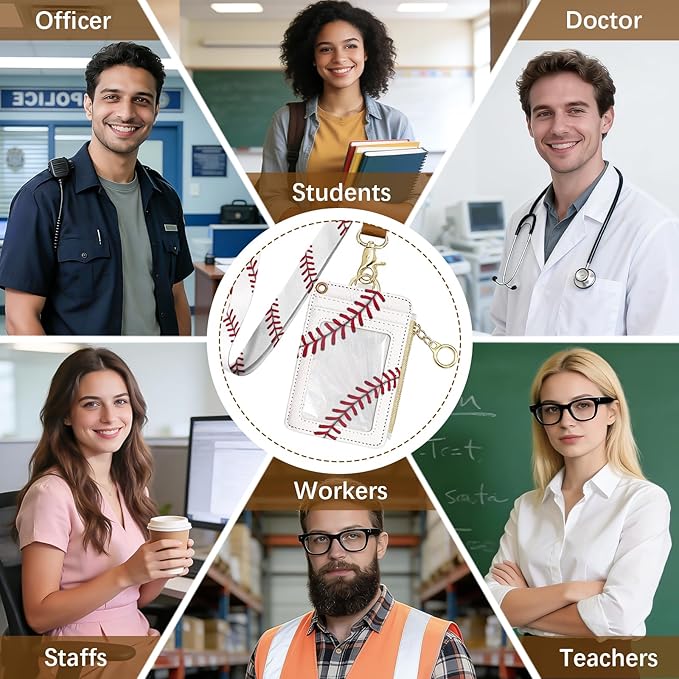 Baseball Leather Badge Holder with Zipper Pocket, Men Women Work Lanyards and 1 Zip Pocket and 4 Card Slots, Pink Bow Breakaway Lanyards with Metal Clasp for Boys, Adult, Teachers