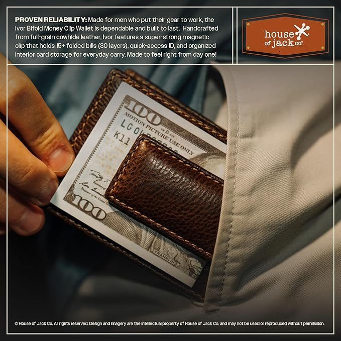 House of Jack Co. Ivor Bifold Money Clip Wallet for Men, Slim Front Pocket Wallet with Strong Magnetic Clip, Exterior ID Window, Full Grain Cowhide, Brown
