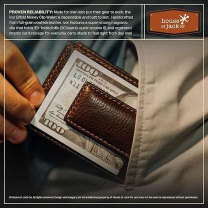 House of Jack Co. Ivor Bifold Money Clip Wallet for Men, Slim Front Pocket Wallet with Strong Magnetic Clip, Exterior ID Window, Full Grain Cowhide, Brown