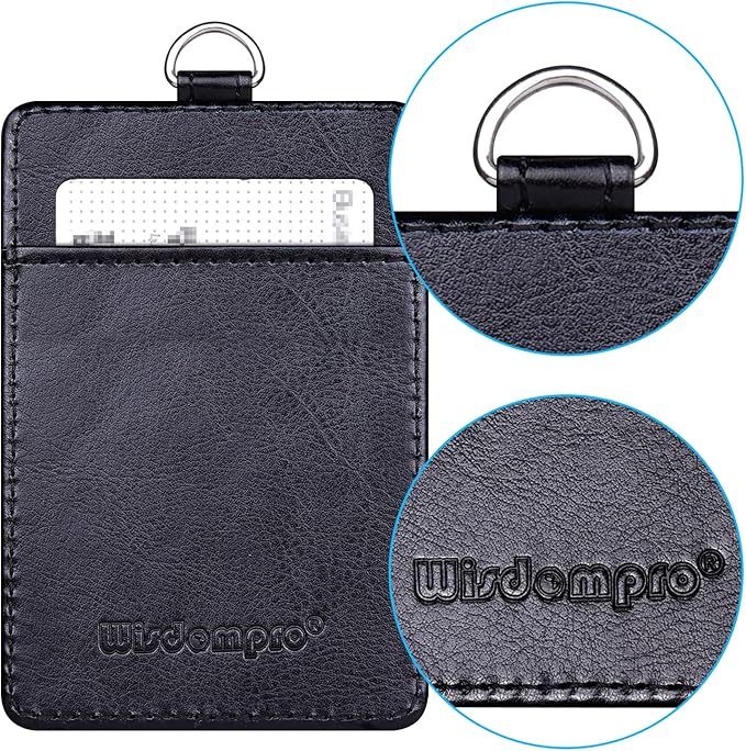 Badge Holder, Wisdompro School Supply 2-Sided PU Leather College ID Badge Card Holder Wallet Case with 1 Clear ID Window and 1 Credit Card Slot and 22 Inch Detachable Neck Lanyard - Black (Vertical)