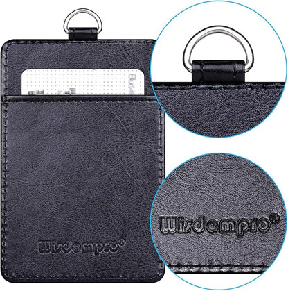 Badge Holder, Wisdompro School Supply 2-Sided PU Leather College ID Badge Card Holder Wallet Case with 1 Clear ID Window and 1 Credit Card Slot and 22 Inch Detachable Neck Lanyard - Black (Vertical)