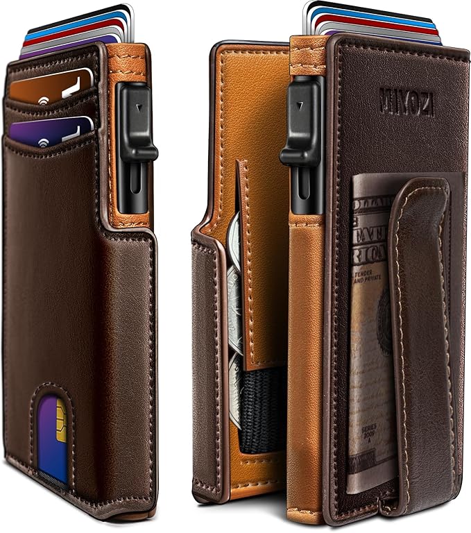 miyozi Wallet for Men, Magnetic Minimalist Slim Wallet with Pop Up Card Holder, 9 Cards RFID Blocking Metal Credit Card Case, Leather Wrapped Money Clip, ID Window & Small Item Slot, Gift Boxed