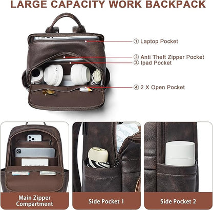 Leather Laptop Backpack for Women, 15.6" Causal Daypack Backpacks Purse Computer Backpack with Laptop Compartment for Travel Work College Business, Coffee
