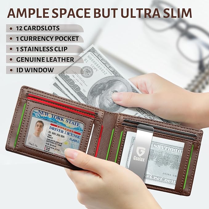 GSOIAX Slim Leather RFID Bifold Wallet for Men Minimalist Front Pocket Wallet with Money Clip,12 Card Slots,ID Window,Cool Groove Design,Includes Gift Box (Leather Brown)