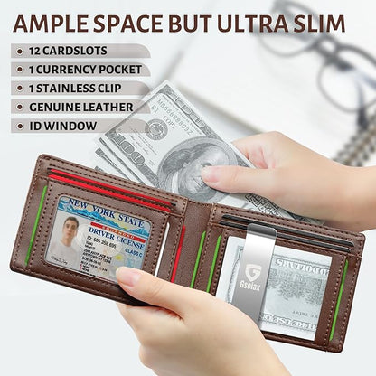 GSOIAX Slim Leather RFID Bifold Wallet for Men Minimalist Front Pocket Wallet with Money Clip,12 Card Slots,ID Window,Cool Groove Design,Includes Gift Box (Leather Brown)