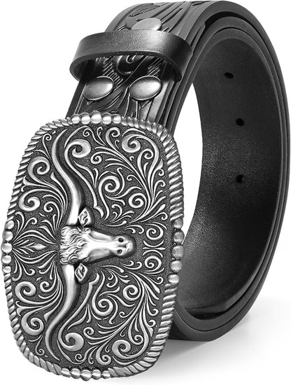TRIWORKS Western Belt for Men Women Cowboy Engraved Belt Western Buckle Embossed Leather Belt
