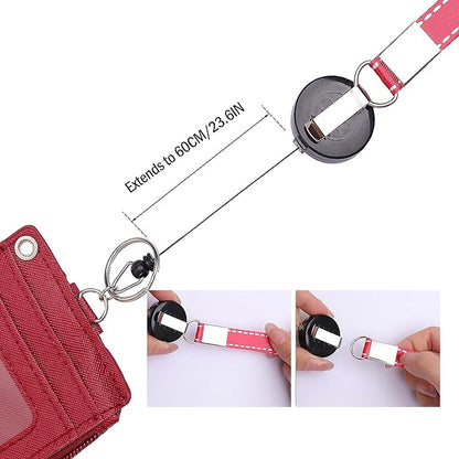 【2025 Latest】 Cute ID Badge Holder Retractable Lanyard Reel Clip with Heavy Duty Carabiner, 5 Card Slots in 2 Sided with Key Ring and Zipper for Women Students Teens Girls Office Staff (Red)