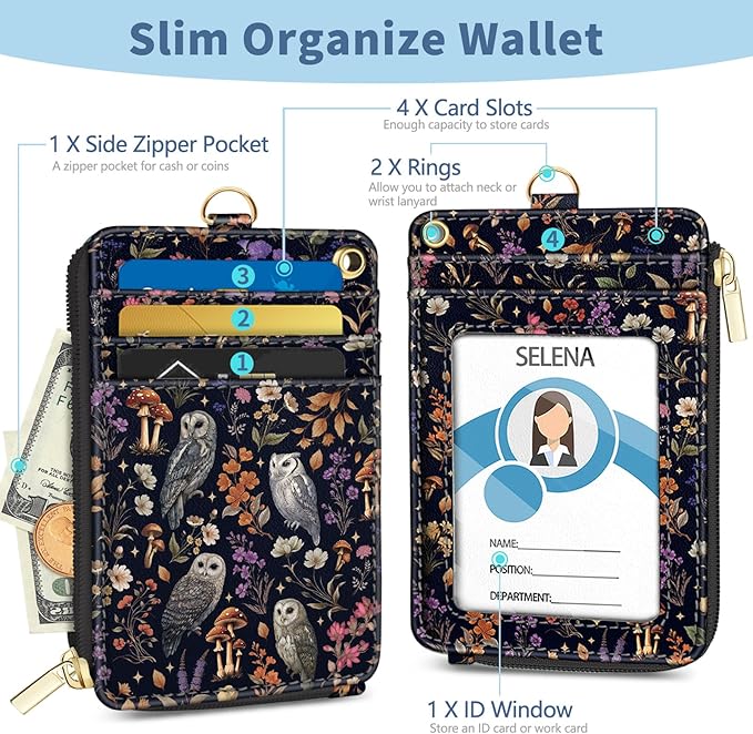 Lanyard Wallet with Id Badge Holder, Owl RFID Small Keychain Wallet Women Wristlet, Floral Zipper Credit Card Holder Phone Wrist Neck Strap for Key Name Tag, Teacher Student Office Gifts