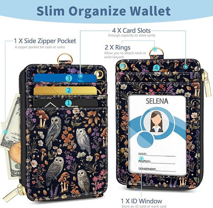 Lanyard Wallet with Id Badge Holder, Owl RFID Small Keychain Wallet Women Wristlet, Floral Zipper Credit Card Holder Phone Wrist Neck Strap for Key Name Tag, Teacher Student Office Gifts