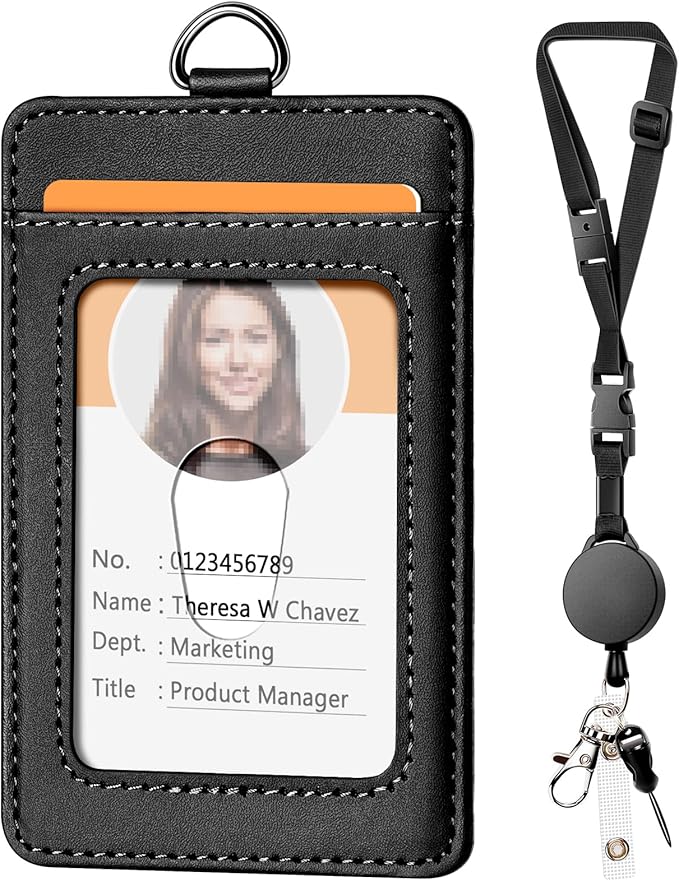 Leather Badge Holder and Adjustable Retractable Lanyards, Quick Release Buckle and Safety Breakaway Lanyards with Swivel Metal Clasp for Offices, Staff, Students, Employees