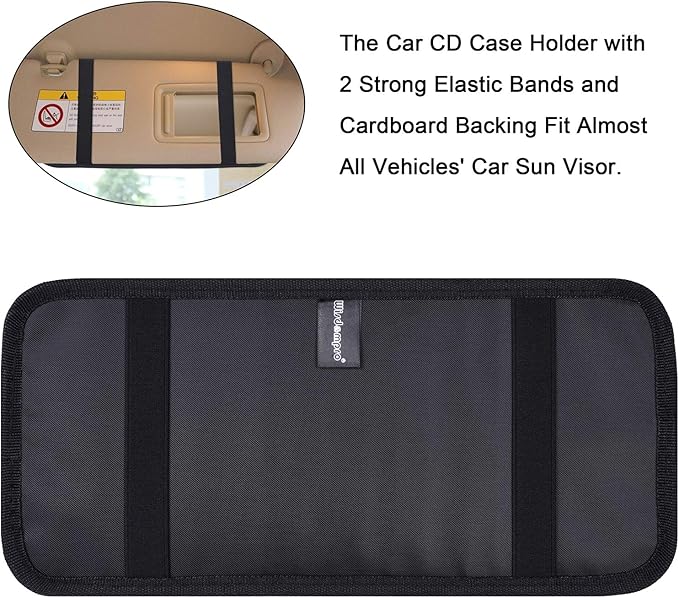 Car CD Case Holder, Wisdompro Vehicle Sun Visor Organizer for Cars with 12 DVD Storage Sleeves, 1 Mesh Pocket, 1 Pen Holder and Elastic Strap, Black
