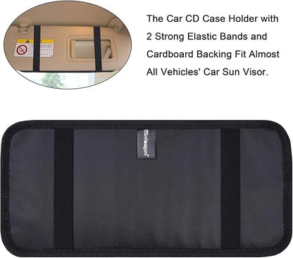 Car CD Case Holder, Wisdompro Vehicle Sun Visor Organizer for Cars with 12 DVD Storage Sleeves, 1 Mesh Pocket, 1 Pen Holder and Elastic Strap, Black