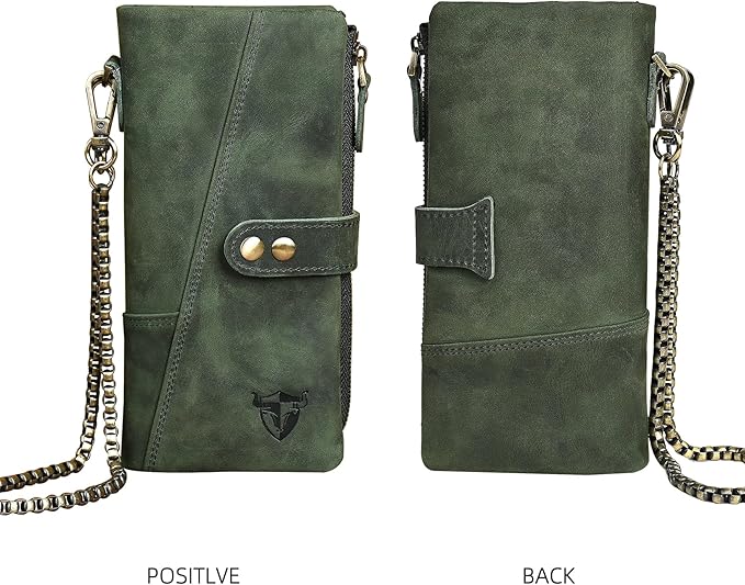 Genuine Crazy Horse Leather Travel Gift Coin Pocket Card Case Long Organizer Chain Rfid Wallet Purse With Snap For Men Male 1803 1815 (1803 The Green2)