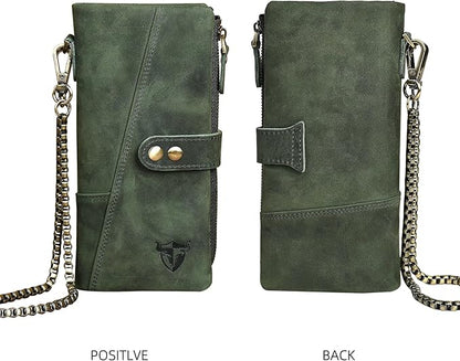 Genuine Crazy Horse Leather Travel Gift Coin Pocket Card Case Long Organizer Chain Rfid Wallet Purse With Snap For Men Male 1803 1815 (1803 The Green2)