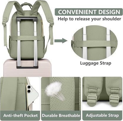 Laptop Backpack for Women Work Bag - 15.6 inch Travel Backpack with USB Charger College Bookbag Waterproof Business Computer Backpack Anti-theft Casual Backpacks for Nurse Teacher Beige Light Green