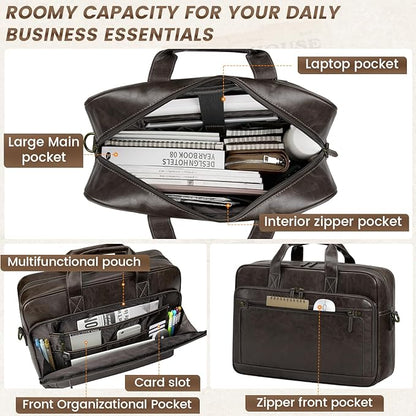 RAINSMORE Mens Laptop Bag 16 Inch Leather Briefcase Vintage Messenger Bag for Men Large Crossbody Shoulder Office Computer Bag Retro College Satchel for Work, Business,Travel, Coffee