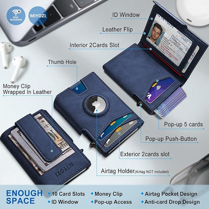 miyozi Airtag Wallet for Men,with Money Clip 10 Cards Metal Case Smart Slim Pop Up Credit Card Holder Flip with Magnetic Closure RFID Blocking wallet with Gift Box