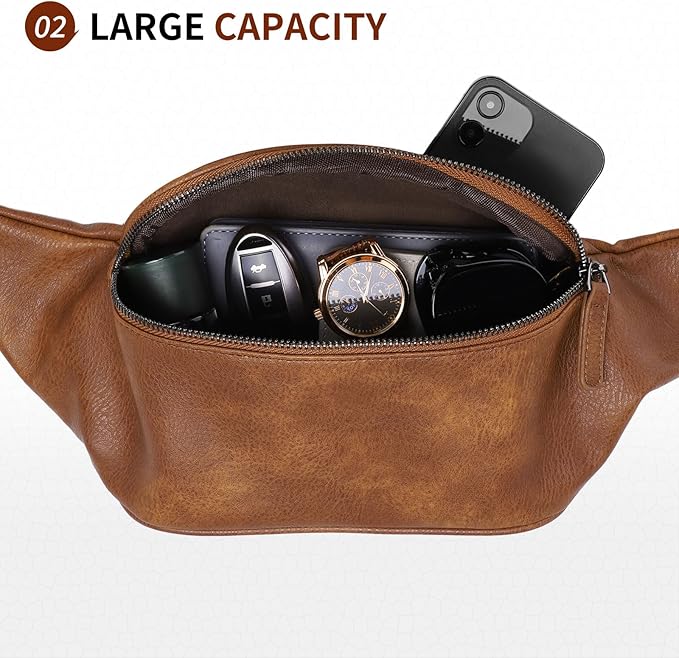 Faux Leather Belt Bag for Men, Crossbody Sling Bag with Adjustable Strap, Back Zipper Pocket, Large Capacity Waist Pack for Travel, Work, Textured Brown
