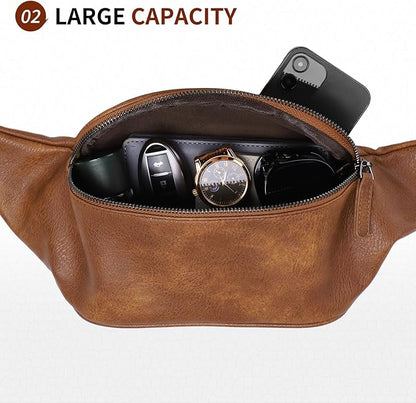 Faux Leather Belt Bag for Men, Crossbody Sling Bag with Adjustable Strap, Back Zipper Pocket, Large Capacity Waist Pack for Travel, Work, Textured Brown
