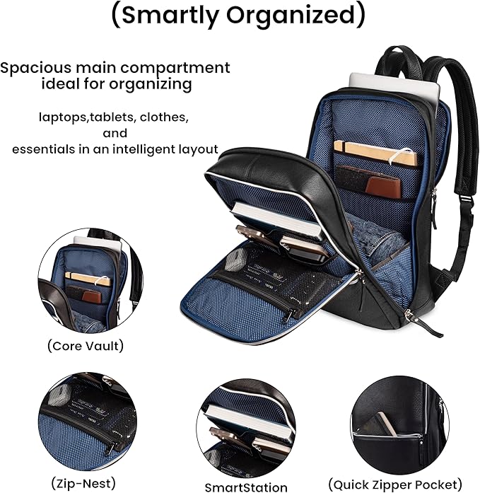 LEATHER VILLAGE Leather Laptop Backpack for Men | Black | Slim Professional Business Bag Fits 15.6”-Laptop | Water-Repellent Work & Travel Daypack with Trolley Strap