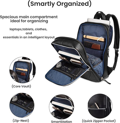 LEATHER VILLAGE Leather Laptop Backpack for Men | Black | Slim Professional Business Bag Fits 15.6”-Laptop | Water-Repellent Work & Travel Daypack with Trolley Strap