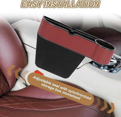 HARFINGTON Car Seat Gap Filler Organizer 10.6 x 7.1 x 2.8 Inch ABS+Leather Universal Car Organizer Storage Box Between Seat and Console (Right) with Cup Holders for Phone Keys, Wine Red