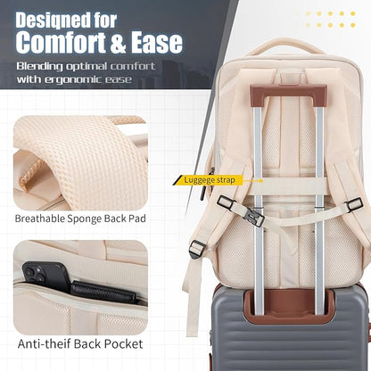 42L Travel Backpack with 4 Packing Cubes, TSA Friendly Flight Approved Carry-On Bag, Water-Resistant Business Backpack for Men Women, Fits 17.3" Laptop (Off-white)