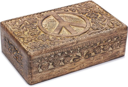 Ajuny Wooden Hand Carved Decorative Jewelry Box Peace Design Carvings Vintage Keepsake Storage Organizer Travel Treasure Chest Trinket Holder Case Great Gifts 8x5 Inch