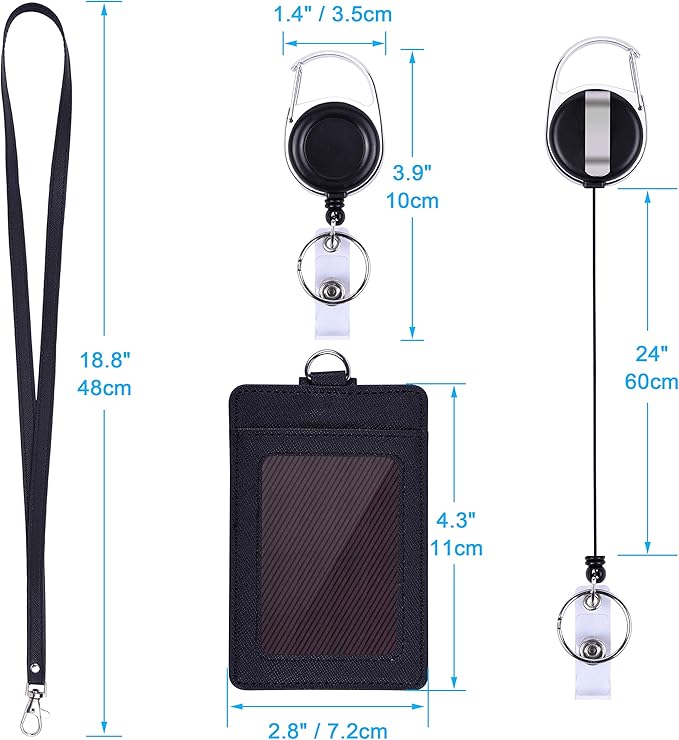 Wisdompro Retractable Badge Holder with Lanyard, Double Sided PU Leather ID Card Holder with Carabiner Badge Reel Clip and 18.8 inch Neck Lanyard - Black, Vertical