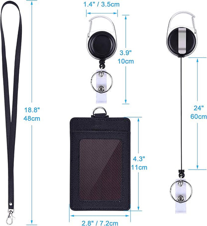 Wisdompro Retractable Badge Holder with Lanyard, Double Sided PU Leather ID Card Holder with Carabiner Badge Reel Clip and 18.8 inch Neck Lanyard - Black, Vertical