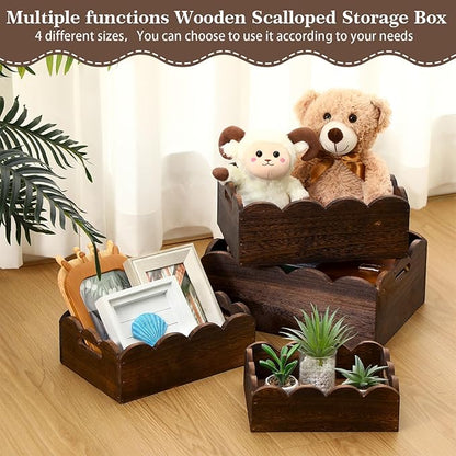 Beeveer 4 Pcs Scalloped Baskets with Handle 4 Size Wooden Countertop Storage Box Multipurpose Fruit Vegetable Crate Rectangular Decorative Serving Tray Organizer for Kitchen Bathroom Home Decor(Brown)