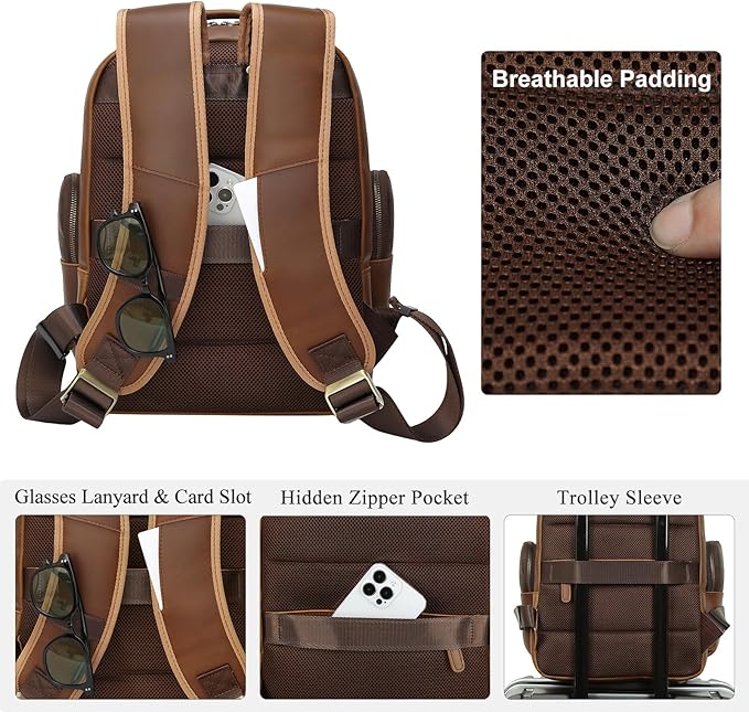 TIDING Men's Vintage Leather Backpack 15.6" Laptop Bag Large Capacity Business Travel Hiking Shoulder Daypacks