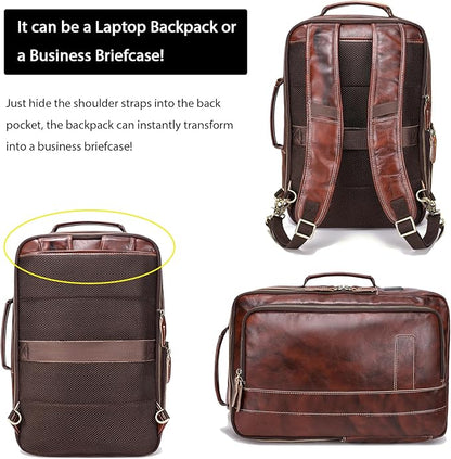 LANNSYNE Vegetable Tanned Leather Backpack for men, Expandable Leather Backpack Fits 15.6 Laptop, Tote Shoulder Travel Bag Rucksack