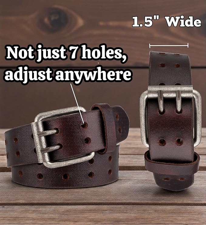 F&L CLASSIC Leather Work Belt, Heavy Duty Double Prong full grain Leather Belts for Men 1 1/2", Mens Casual Belts for Jeans