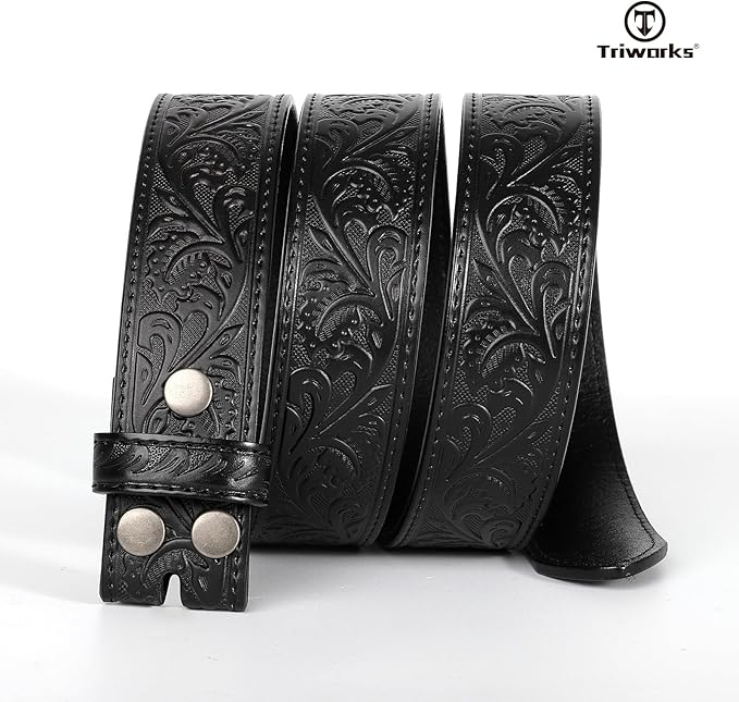 TRIWORKS Western Belt Strap for Men without Buckle 1.5" Wide Floral Engraved Embossed Leather Belt Strap