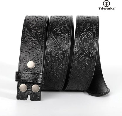 TRIWORKS Western Belt Strap for Men without Buckle 1.5" Wide Floral Engraved Embossed Leather Belt Strap