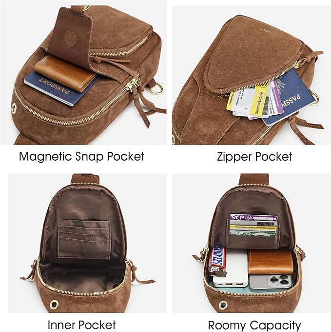 Kattee Sling Bag for Women, Genuine Suede Leather Fanny Packs Crossbody Purse, Small Chest Bag with RFID Blocking, Coffee