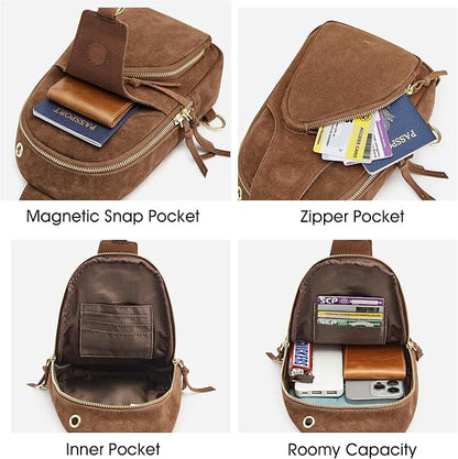 Kattee Sling Bag for Women, Genuine Suede Leather Fanny Packs Crossbody Purse, Small Chest Bag with RFID Blocking, Coffee