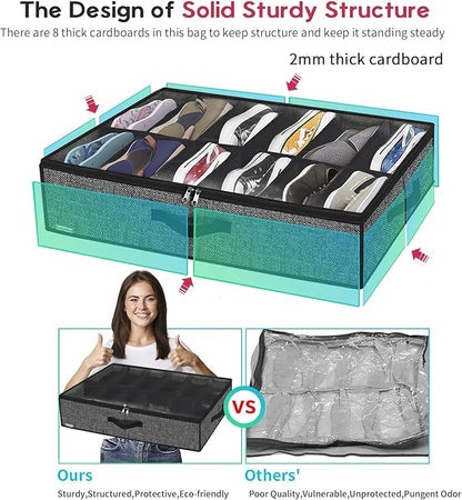 Onlyeasy Under Bed Shoe Storage Organizer with Sturdy Handles and Clear Window 1 Pack Fits 12 Pairs, Premium Foldable Underbed Shoes Container Box for Closet, Linen-like Black, MXAUBSB1P