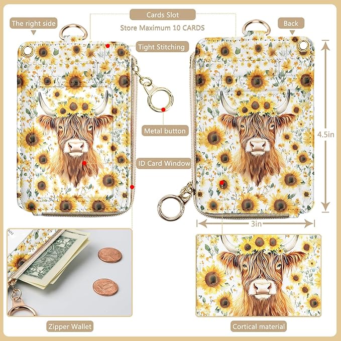 Bolimoss Highland Cow Print Lanyard Wallet - Cute Sunflower ID Badge Holder With Neck & Wristlet, PU Leather Zip Case With Breakaway Keychain