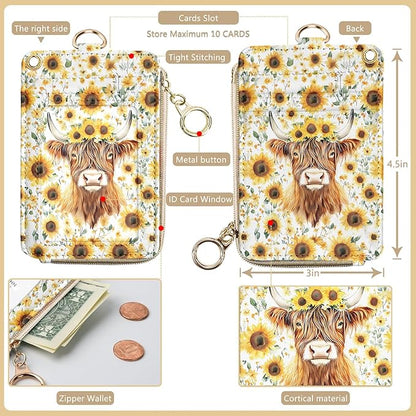 Bolimoss Highland Cow Print Lanyard Wallet - Cute Sunflower ID Badge Holder With Neck & Wristlet, PU Leather Zip Case With Breakaway Keychain