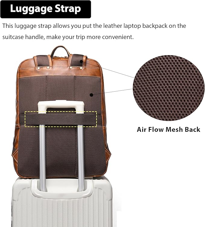 LANNSYNE Vegetable Tanned Leather Backpack For Men, 17" Laptop Backpack, Casual Outdoor Business Travel Rucksack, YKK Zippers