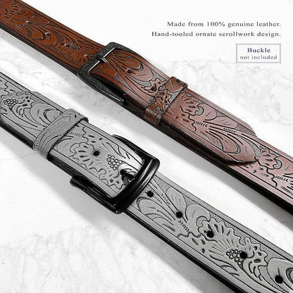 Western Floral Engraved Embossed Tooled Genuine Leather Belt Strap or Belt 1-1/2"(38mm) Wide, Multi-Style Options