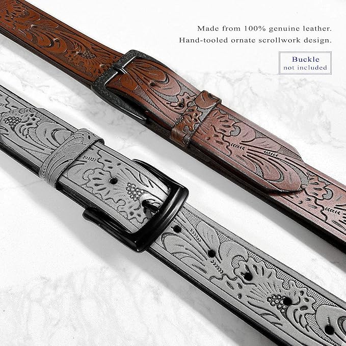 Western Floral Engraved Embossed Tooled Genuine Leather Belt Strap or Belt 1-1/2"(38mm) Wide, Multi-Style Options