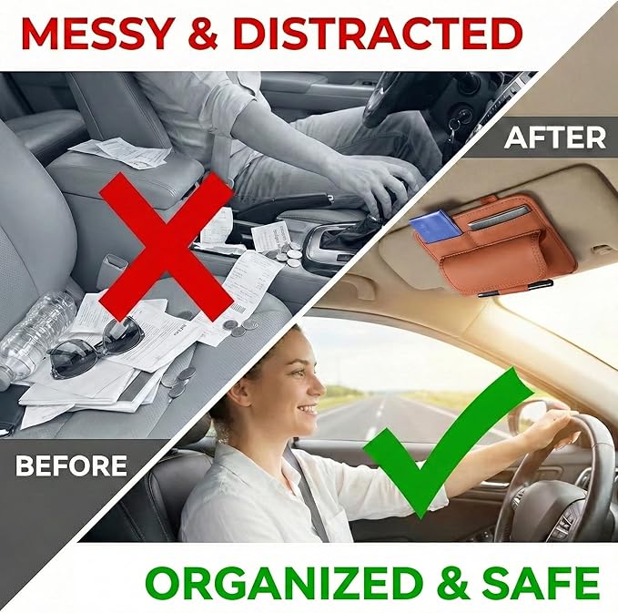 HOLDCY Car Visor Organizer – Sun Visor Storage Pouch Holder for Vehicle Truck SUV, PU Leather Auto Interior Accessories for Registration Document, Gas Card & Sunglasses, Universal Fit (Oranger)